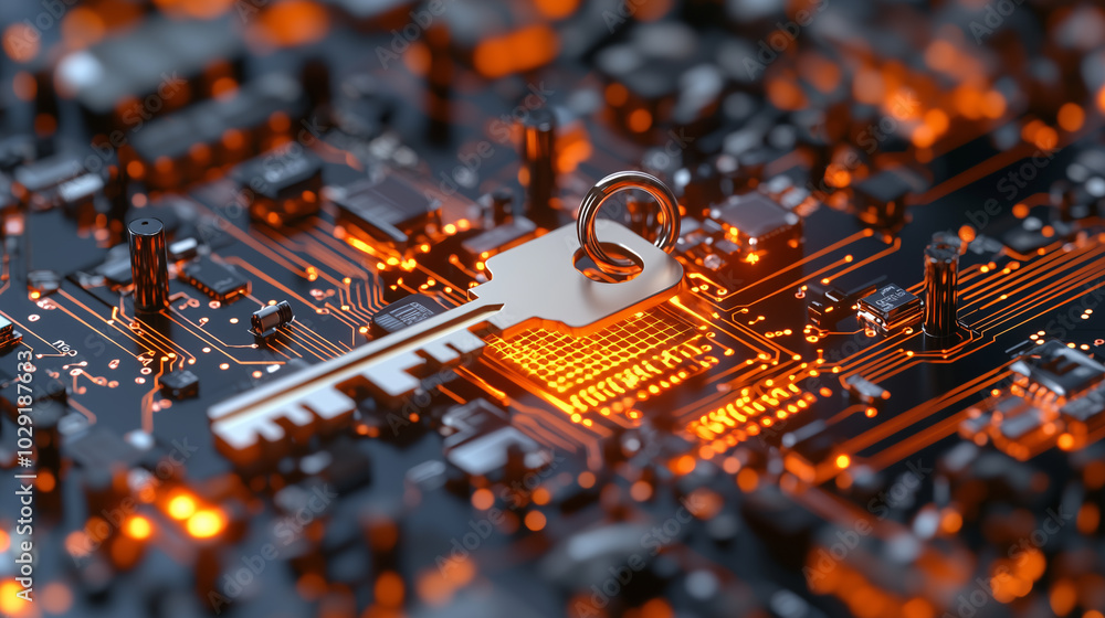 Aufkleber digital key rests on circuit board, symbolizing data ownership and security in technology. glowing circuits enhance futuristic feel of this abstract representation