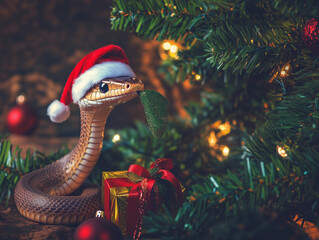 Snake in a Christmas hat, Christmas tree background