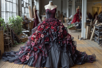 Extravagant floral ball gown on mannequin in atelier. Luxurious dress with voluminous skirt adorned with red and pink roses, purple tulle ruffles. Dramatic couture creation in fashion design