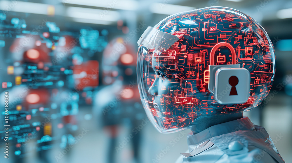 Poster futuristic representation of robot with digital brain, showcasing intricate circuits and lock symbol, symbolizing security and technology. image evokes sense of innovation and advanced technology