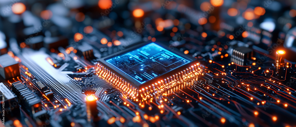 Poster close up view of computer circuit board featuring glowing microchip surrounded by intricate electronic components. vibrant blue light highlights advanced technology and connectivity