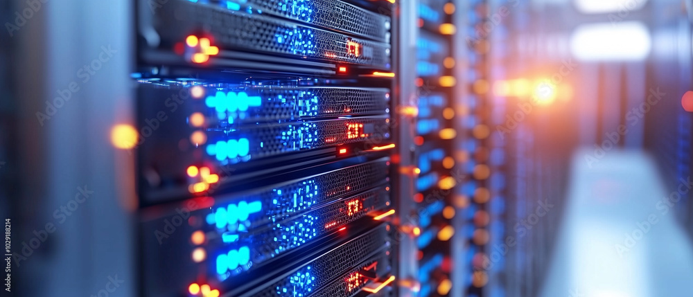 Poster Data servers with glowing blue and orange lights create vibrant atmosphere in modern data center. intricate design showcases advanced technology and connectivity