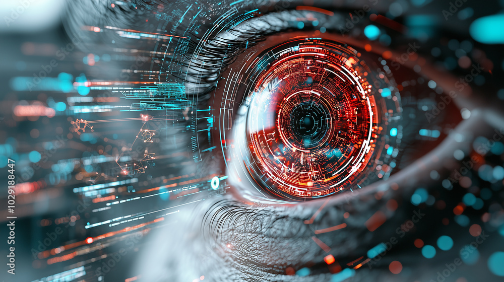 Poster eye peering through layers of digital privacy shields, showcasing intricate patterns and vibrant colors. This evokes sense of curiosity and intrigue about technology and perception