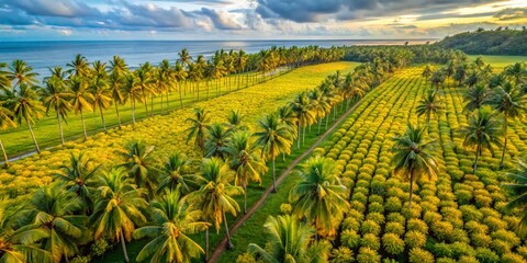 Aerial View of Lush Coconut Flower Fields with Vibrant Tropical Landscape