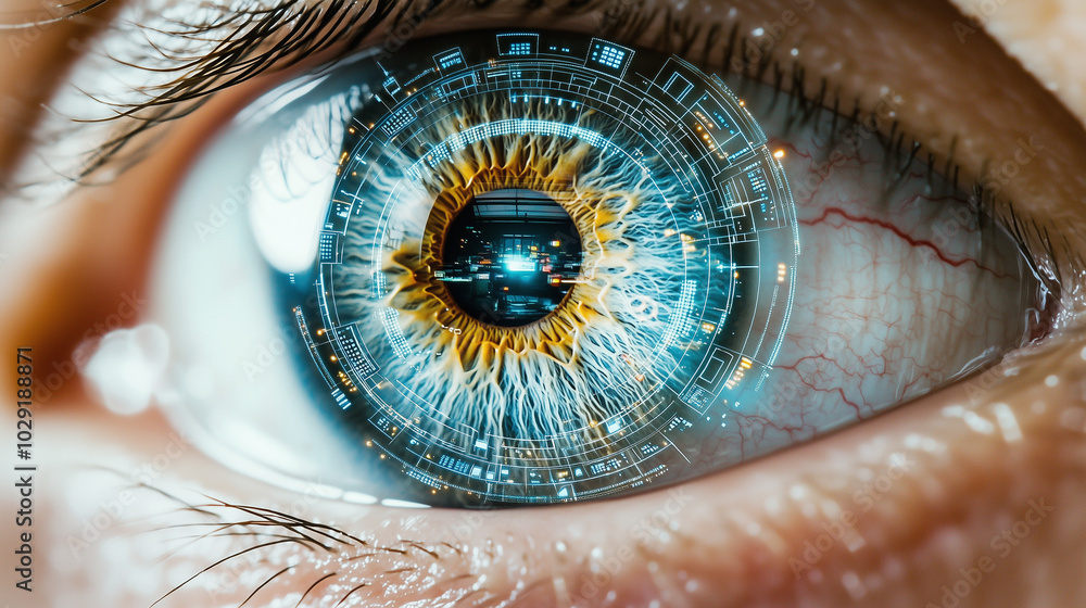 Poster close up of human eye featuring glowing iris and intricate digital patterns, symbolizing technology 