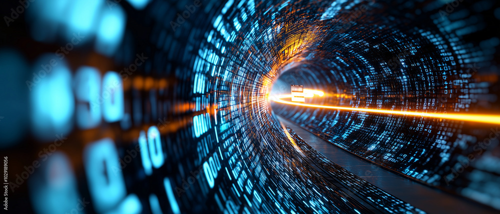 Aufkleber complex data stream flowing through series of digital elements creates mesmerizing visual effect. vibrant blue and orange colors evoke sense of speed and technology