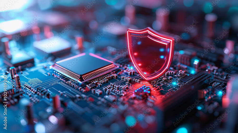 Poster conceptual image of data breach protection featuring glowing shield symbol on circuit board, representing cybersecurity and digital safety. vibrant colors evoke sense of security and technology