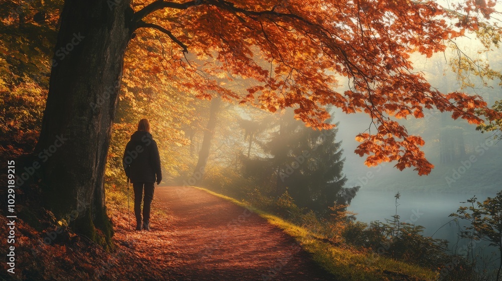 Aufkleber a person walks along a winding path lined with striking orange and red leaves. the mist rises gently