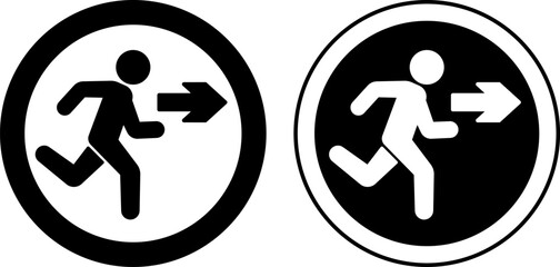 Exit Signs. Black and White Vector Icons. Warning Sign. Man Running Behind Exit Arrow. Emergency Evacuation Symbol