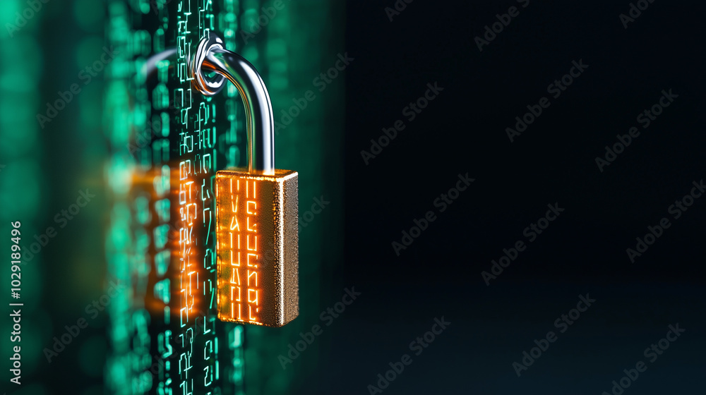 Poster digital padlock symbolizes security and privacy, surrounded by glowing binary code. This conveys importance of safeguarding information in digital age