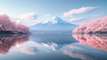 Serene reflection of Mount at dawn, surrounded by cherry blossoms and calm waters.