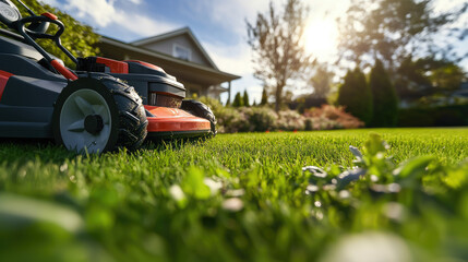 close up photo of red lawn mower on green lawn in front of house, garden, grass cutting device, technology, equipment, backyard, gardening, summer