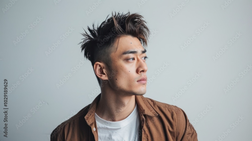 Poster Close-up Portrait of a Young Man with Spiky Hair and Brown Jacket