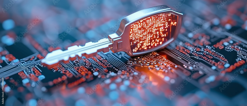 Poster detailed glowing data key is being inserted into circuit board, symbolizing technology and security. vibrant colors and intricate patterns evoke sense of innovation and modernity