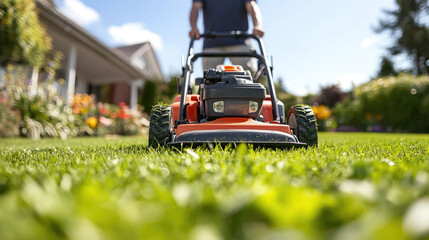 Fototapeta premium close up photo of red lawn mower on green lawn in front of house, garden, grass cutting device, technology, equipment, backyard, gardening, summer