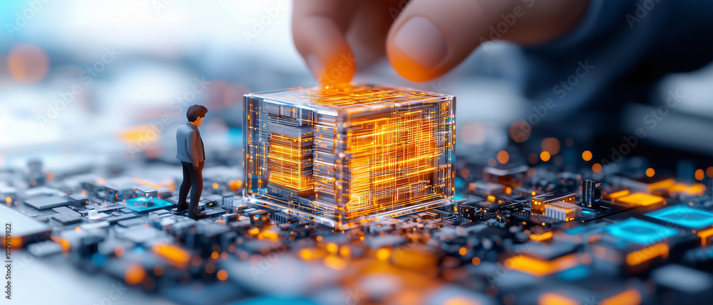 Poster person stands beside glowing digital cube on circuit board, symbolizing advanced technology and inno