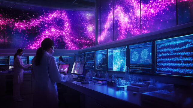 Researchers analyze data in a modern laboratory with glowing screens and blue light highlighting their focused work