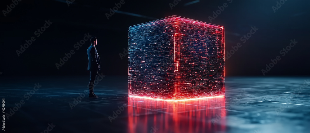 Poster person stands in awe before glowing digital safe, filled with encrypted files, symbolizing intersection of technology and security. vibrant colors create captivating atmosphere