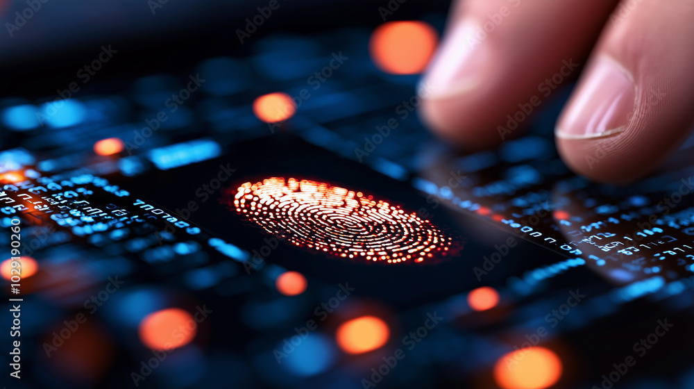 Poster futuristic digital fingerprint being scanned on high tech interface, showcasing advanced technology and security features. vibrant colors and intricate details highlight importance of biometric