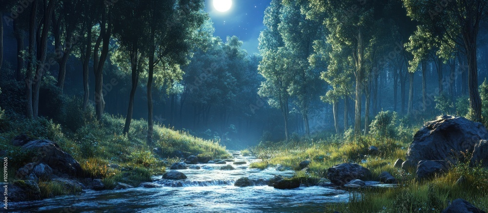 Poster a moonlit forest scene with a stream flowing through the trees.