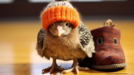 Fototapeta premium Funny photo of a turkey in a knitted hat on the street in winter. Thanksgiving turkey, Christmas, New Year. Bird in a hat. Cold snap, winter weather, temperature. Funny poster with animals in a hat.