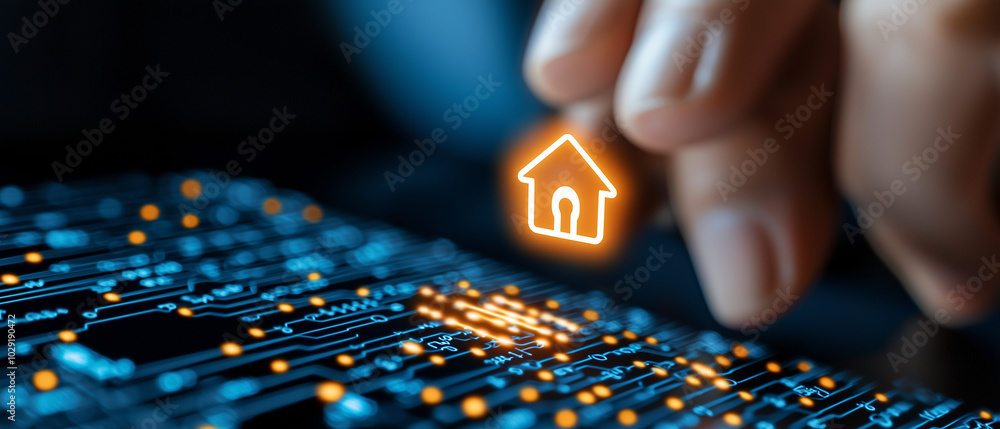 Aufkleber hand interacting with digital interface featuring glowing house icon, symbolizing smart home technol
