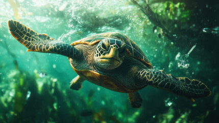 Fototapeta premium A gracefully swimming sea turtle gliding through crystal-clear waters surrounded by vibrant seaweed in an underwater wonderland