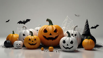 A 3D render of a group of Halloween themed round objects. There are pumpkins, ghosts, bats, and spiderwebs on the objects