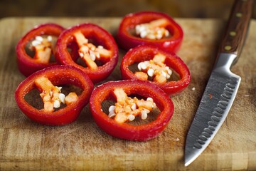 Sliced red bell peppers arranged on a wooden cutting board next to a knife, showcasing vibrant colors and textures.