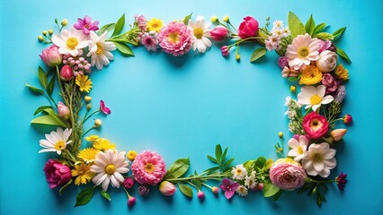 Floral frame with asymmetrical spring flowers on blue background