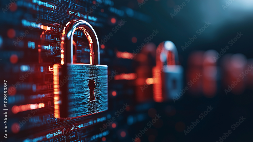 Poster glowing digital padlock symbolizes security and privacy in data driven world, emphasizing importance of protecting information