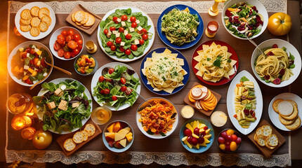 Fototapeta premium The table is filled with dishes and food. A set of salads, pasta and snacks
