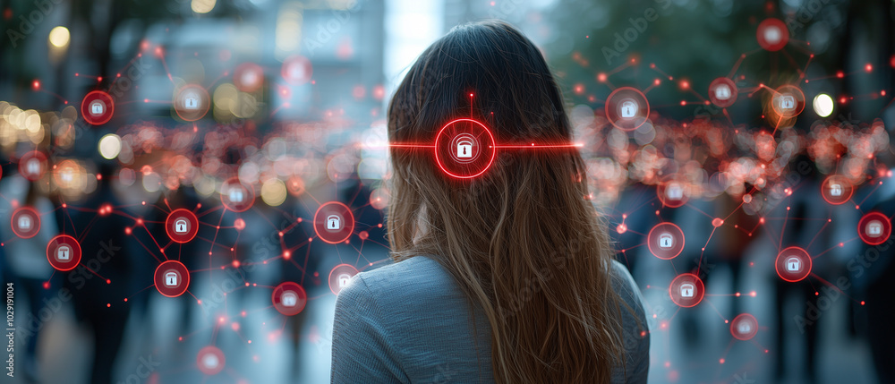 Poster woman stands in bustling urban environment, surrounded by network of digital security symbols. scene