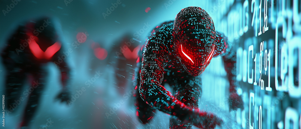 Poster group of hackers with glowing red eyes is depicted in digital environment, showcasing their intense focus and determination as they navigate through streams of binary code
