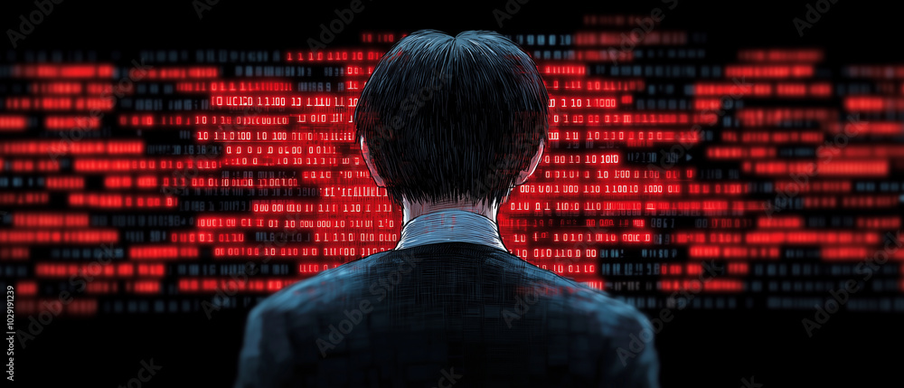 Aufkleber hacker stands in front of wall of red access denied messages, surrounded by binary code. atmosphere is tense and mysterious, highlighting world of cybersecurity and digital threats