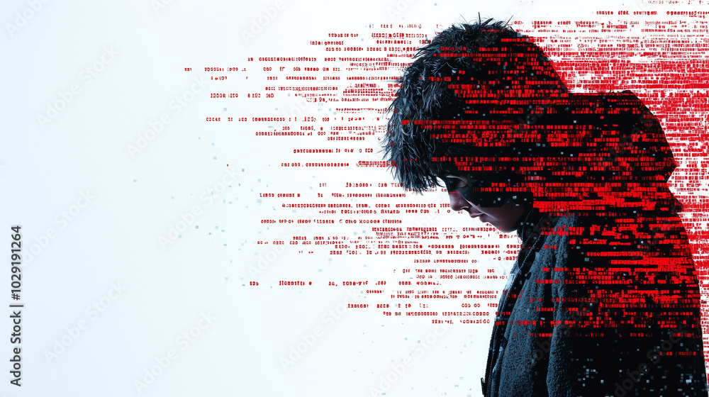 Fototapete hacker stands in contemplation, surrounded by layers of red access denied messages and digital code, symbolizing challenges of cybersecurity and digital world