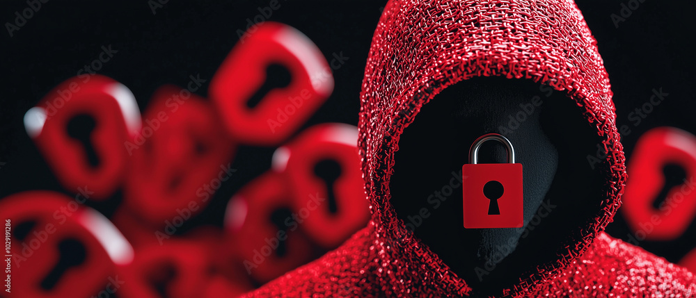 Poster mysterious figure in red hooded cloak stands against dark background, surrounded by red padlocks, sy