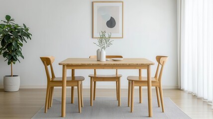 A modern dining area featuring a wooden table, chairs, and a decorative plant, with natural light flowing through sheer curtains.