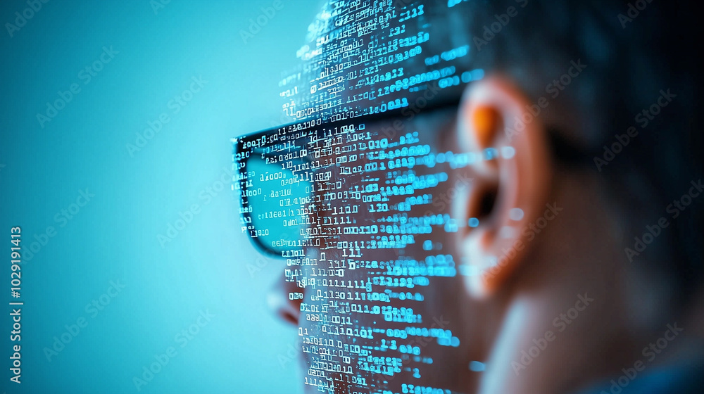 Aufkleber human figure wearing glasses is seen in front of digital mirror, with binary code reflecting on their face, creating futuristic and tech savvy atmosphere