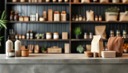 Cosmetics on a minimalist display podium in a beige perfume store environment