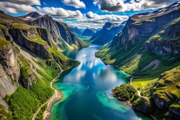 Obraz premium Stunning Aerial View of Ringedalsvatnet Lake in Norway Surrounded by Majestic Mountains