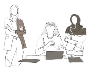 Hand drawn line art vector of a business meeting. Business opportunities in middle east. Growing business sector of Saudi Arabia concept art.