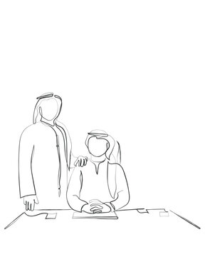 recommend clip art: Hand drawn line art vector of a business meeting. Business opportunities in middle east. Growing business sector of Saudi Arabia concept art.
