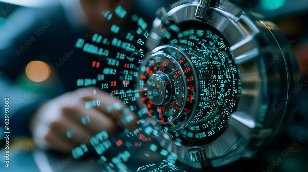 Poster locked digital vault with binary code spilling out creates sense of intrigue and security. intricate design of vault highlights importance of data protection in digital age