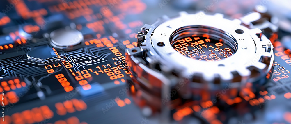 Aufkleber close up view of digital vault mechanism surrounded by intricate circuit patterns and glowing binary code, symbolizing advanced technology and security