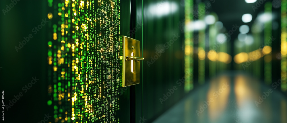 Poster locked digital vault with glowing binary code creates mysterious atmosphere, suggesting high security and advanced technology. vibrant green lights enhance futuristic feel of scene
