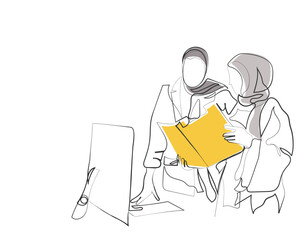 Hand drawn line art vector of arab woman presentation in corporate settings. Muslim world and growth mindset. Saudi women and men in entrepreneurship. Competent and young gulf businesspeople.