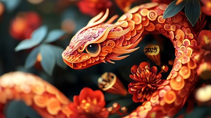 Naklejka premium An elegant paper-cut snake in a swirling design, wrapping around the numbers 