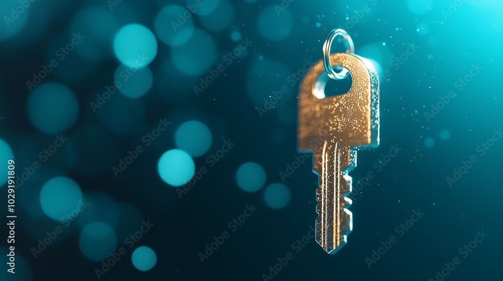 Poster massive digital key floating above sea of shimmering blue bokeh lights creates captivating visual. t