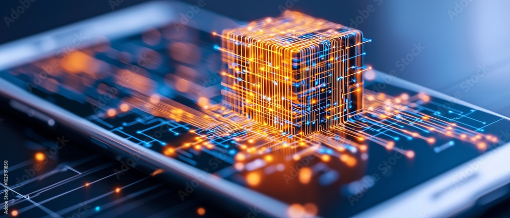 Aufkleber mobile phone displaying digital circuit design with glowing cube, symbolizing technology and innovation. vibrant colors and intricate patterns evoke sense of advanced technology and connectivity